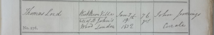 Close up of burial entry for Thomas Lord, West Meon burial register ref 67M1/PR12